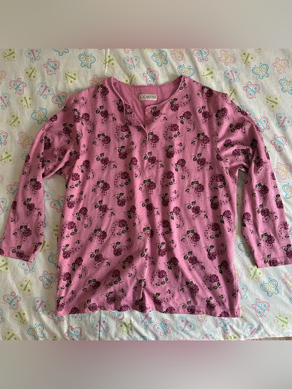 Vintage 90s L.A. Blues Pink & Purple Floral Paisley Print Long-Sleeve Henley Top - Picture 4 of 8